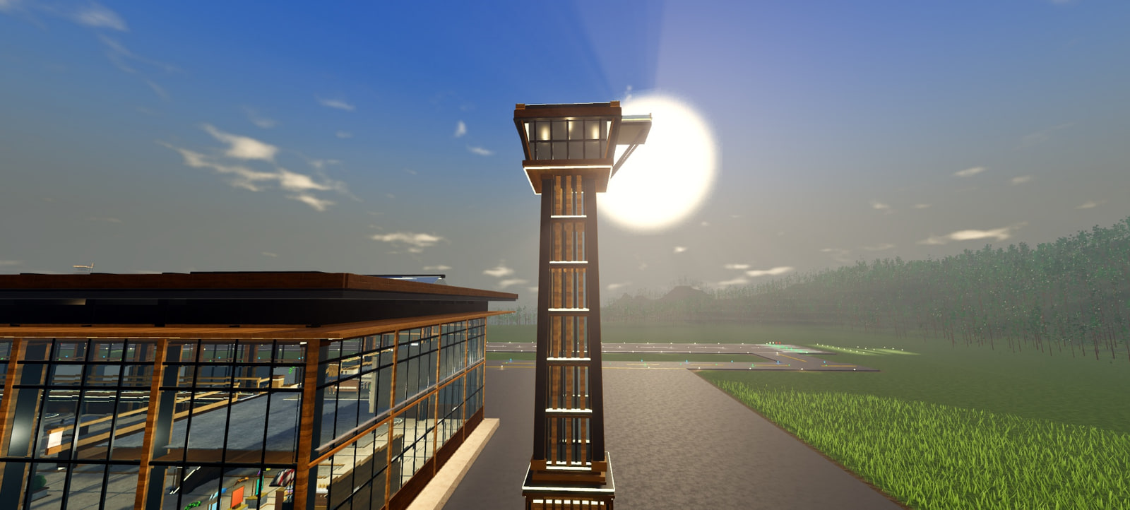 Control tower silhouetted against a golden sky
